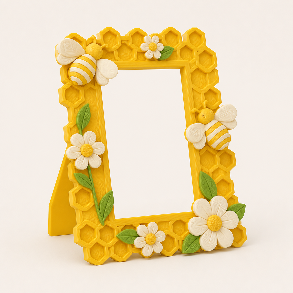 bee delight-photo frame honeycomb portal from 3D-printed PETG in sun yellow, leaf green, warm white