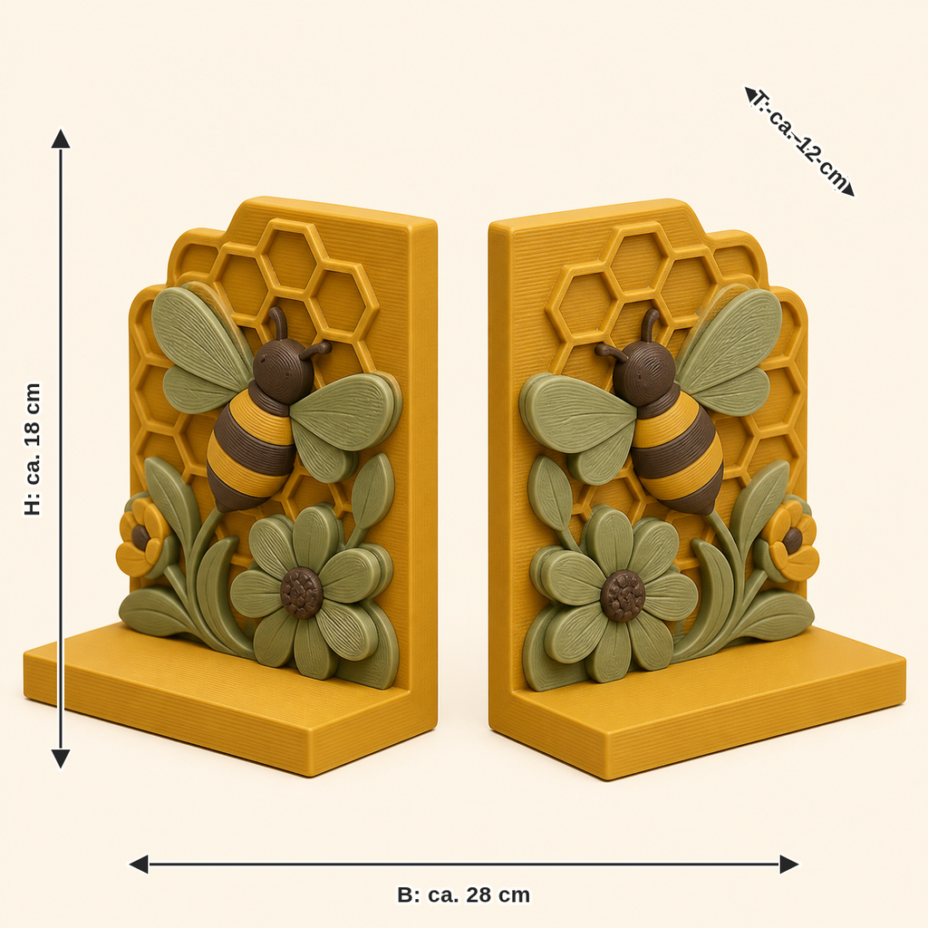 Dimensional image for bee delight-bookends-pair double bee: width approx. 28 cm, depth approx. 12 cm, height approx. 18 cm