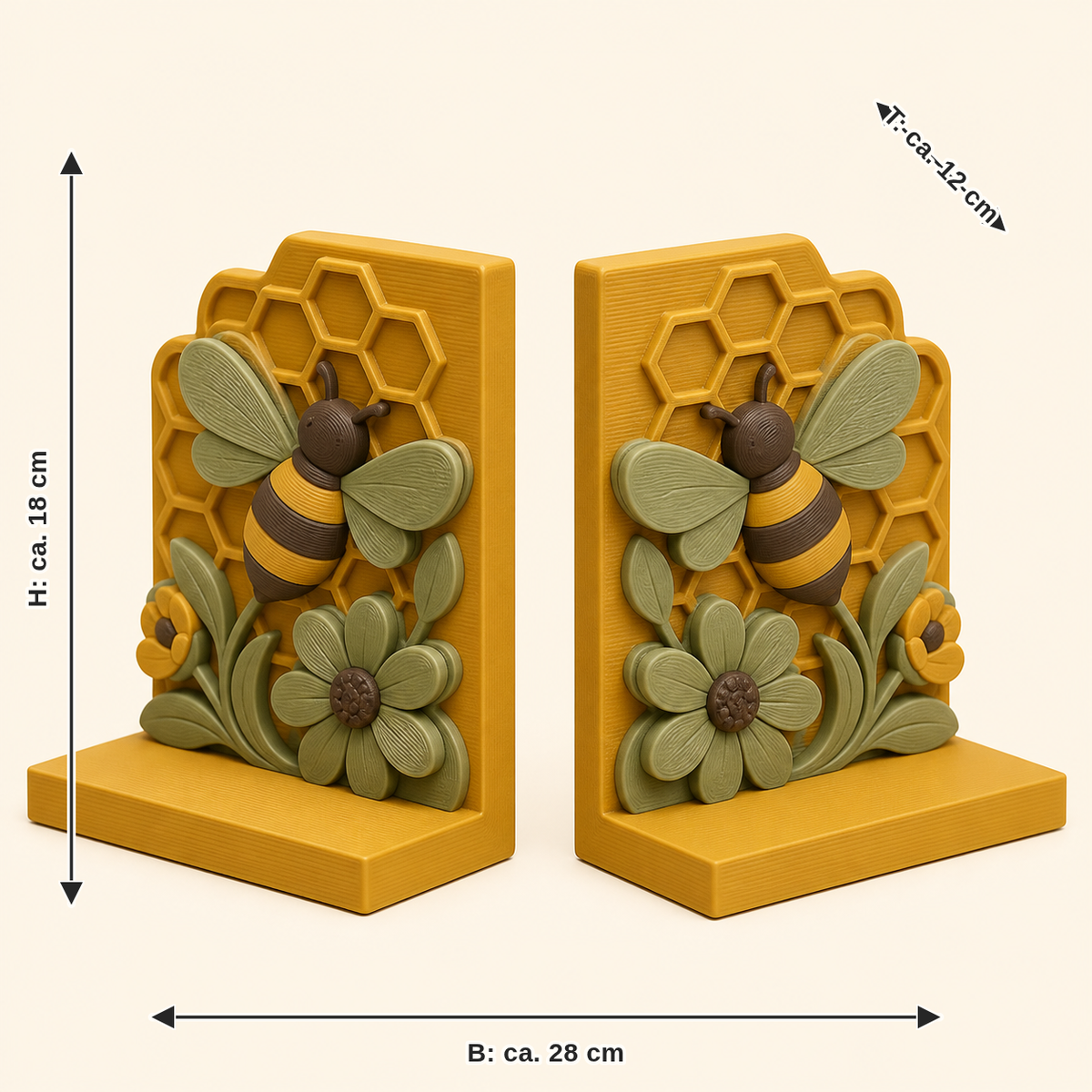 Dimensional image for bee delight-bookends-pair double bee: width approx. 28 cm, depth approx. 12 cm, height approx. 18 cm