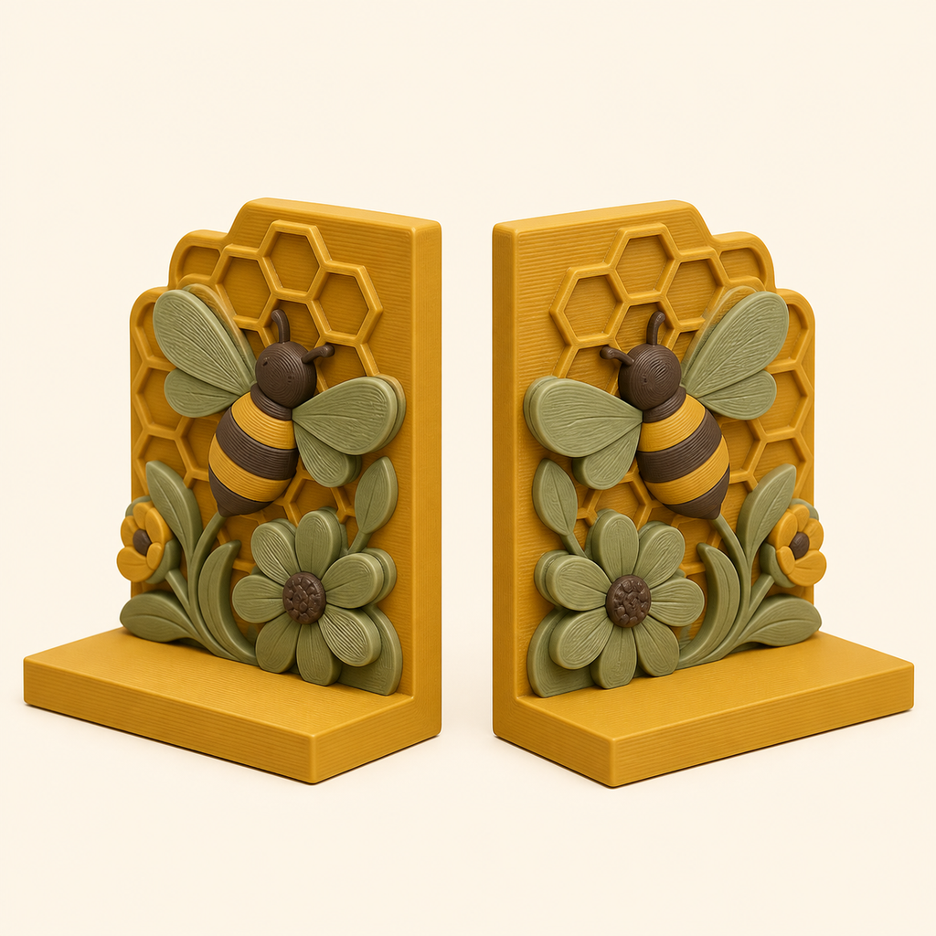 bee delight-bookends-pair Double bee from 3D-printed PETG in Ocker yellow, dark brown, sage green