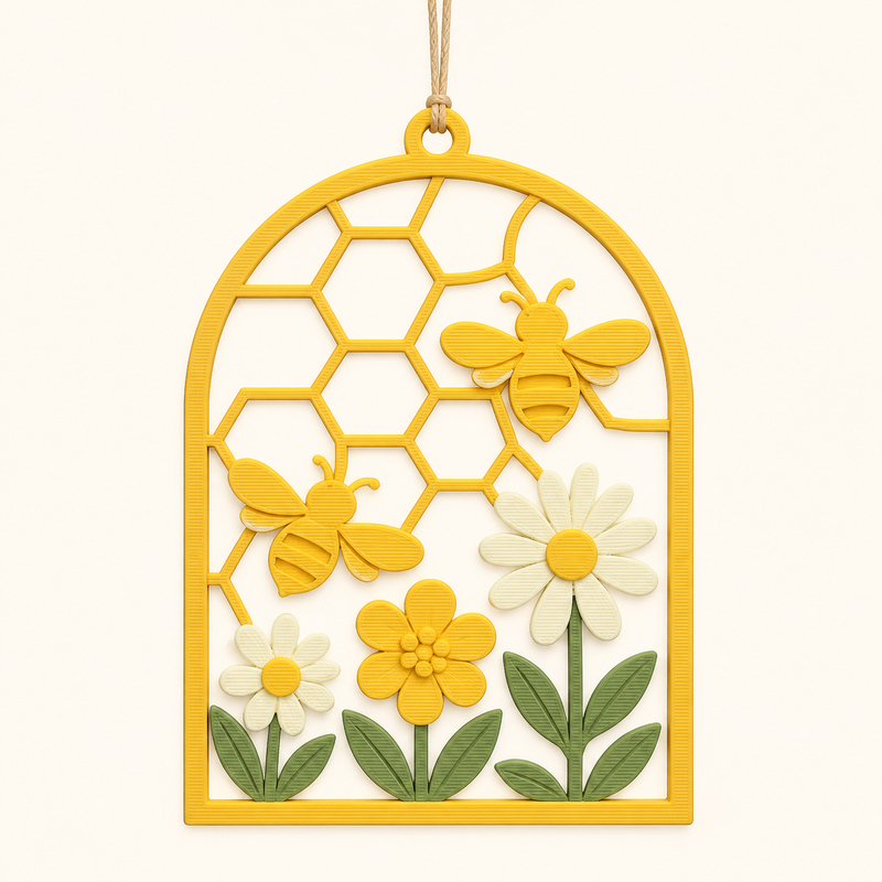 bee delight-window ornament Bee window made of 3D-printed PETG in sun yellow, leafy green, warm white
