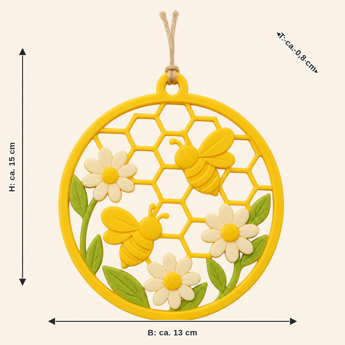 Measurement for bee delight-hanging decoration Bee flight: width approx. 13 cm, depth approx. 0.8 cm, height approx. 15 cm
