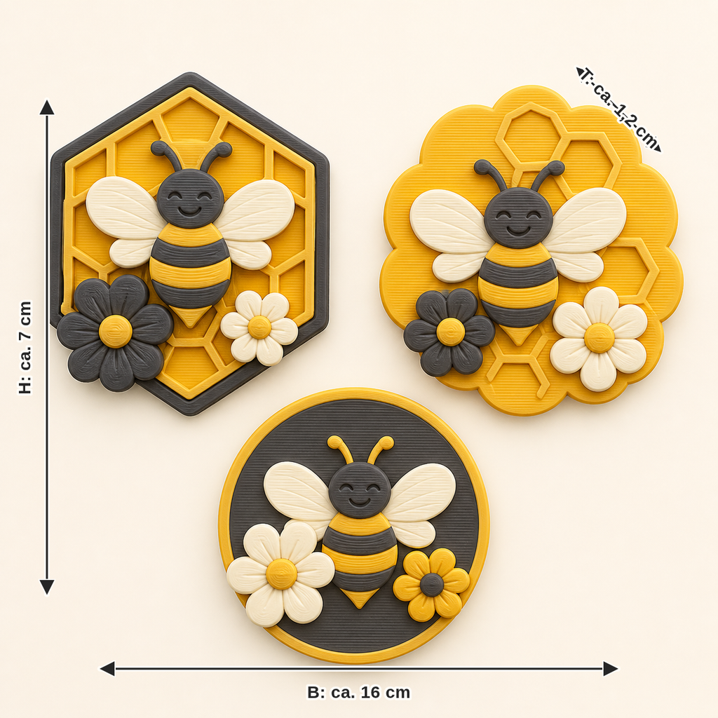 Maßbild für Bienenglück-Magnet-Set Bienen-Trio: Breite ca. 16 cm, Tiefe ca. 1.2 cm, Höhe ca. 7 cm