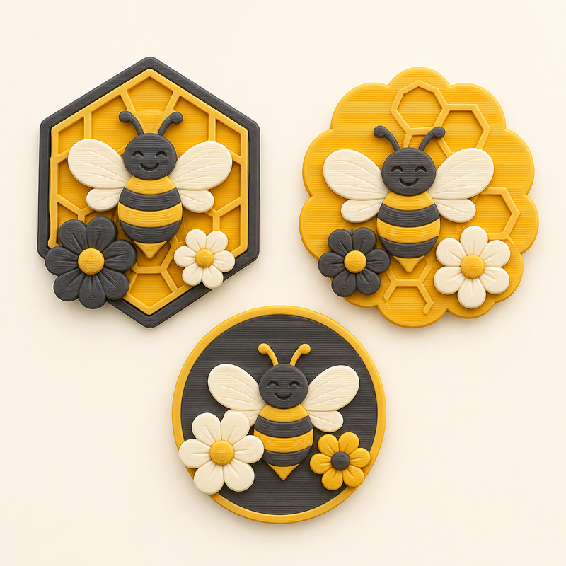 Bienenglück-Magnet-Set Bienen-Trio aus 3D-gedrucktem PETG in Honiggelb, Anthrazit, Creme