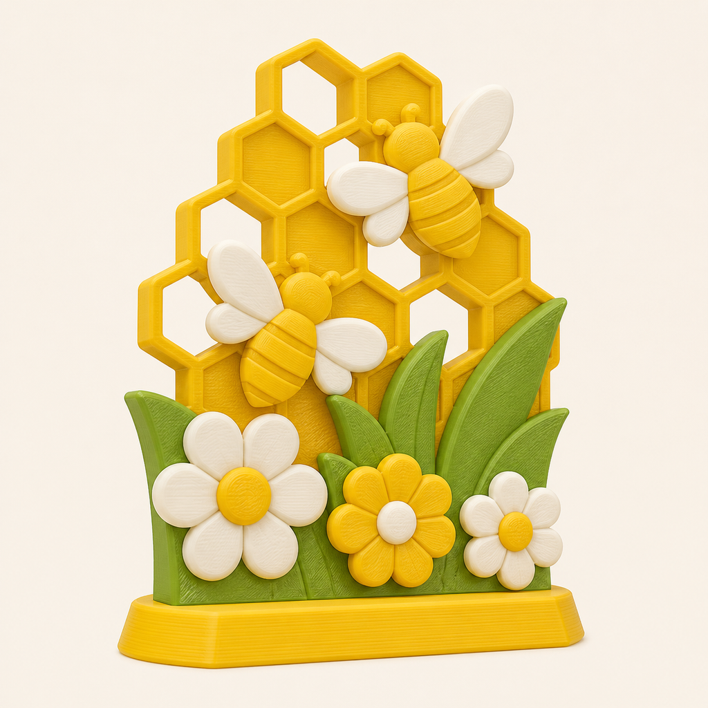 Bienenglück-Mini-Skulptur Bienengarten aus 3D-gedrucktem PETG in Sonnengelb, Blattgrün, Warmweiß