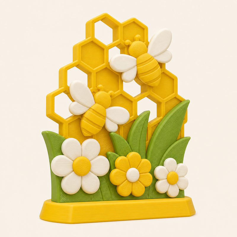 Bienenglück-Mini-Skulptur Bienengarten aus 3D-gedrucktem PETG in Sonnengelb, Blattgrün, Warmweiß