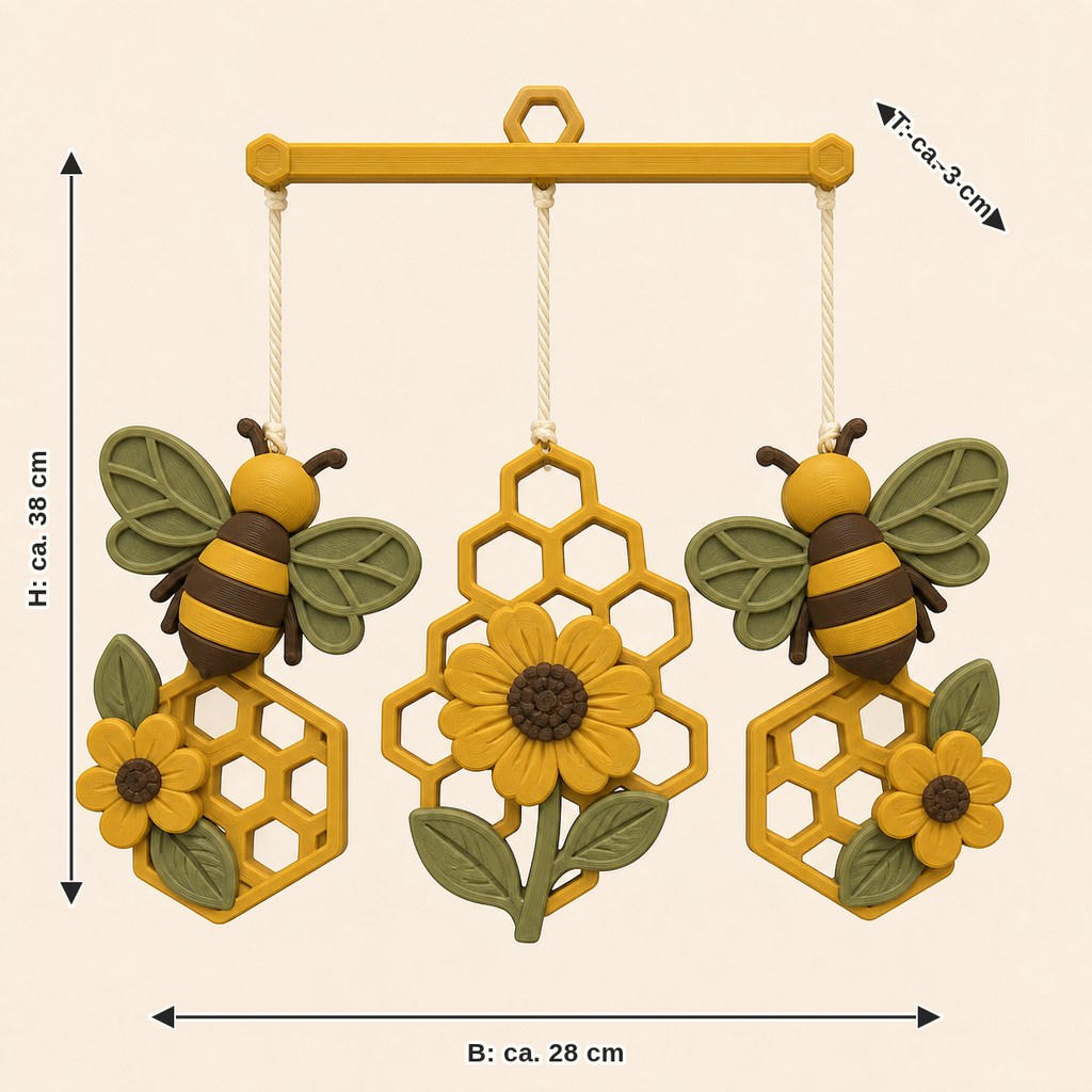 Measurement for bee delight mobile flower dance: width approx. 28 cm, depth approx. 3 cm, height approx. 38 cm