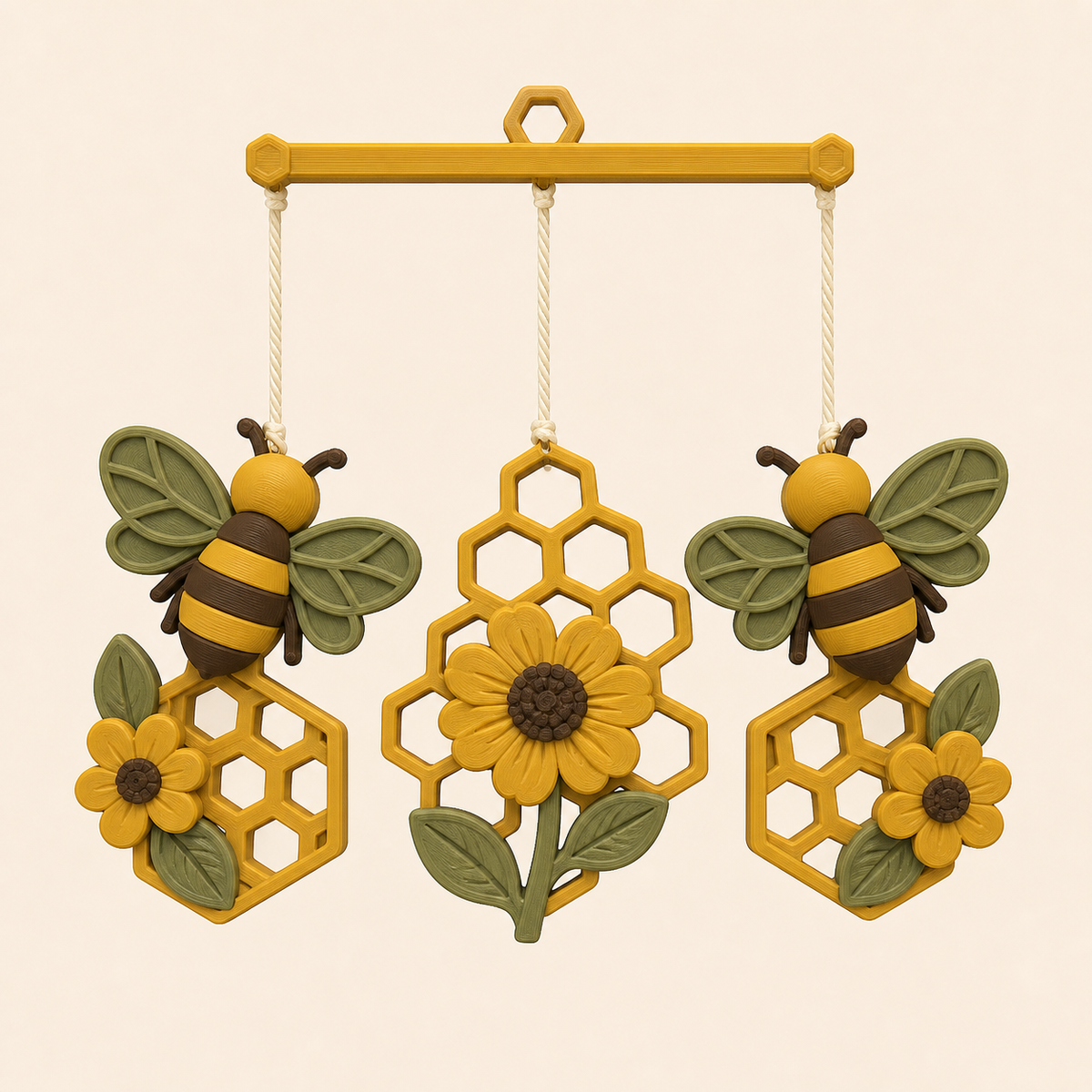 bee delight mobile flower dance from 3D-printed PETG in ocker yellow, dark brown, sage green