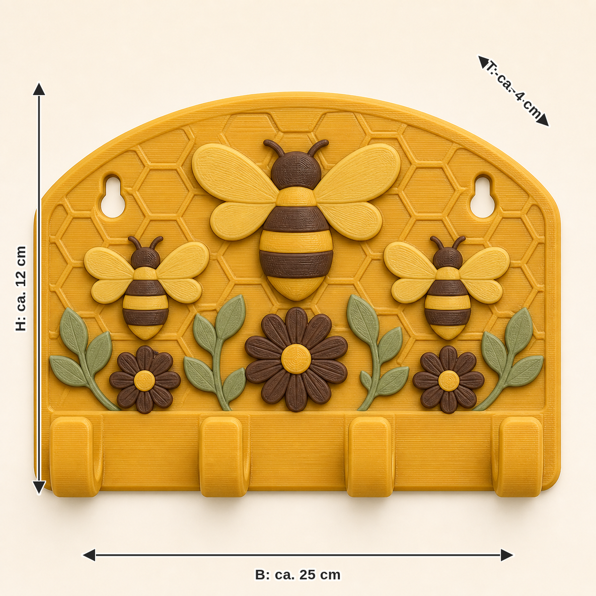 Dimensional image for bee delight-key rack bee hook: width approx. 25 cm, depth approx. 4 cm, height approx. 12 cm