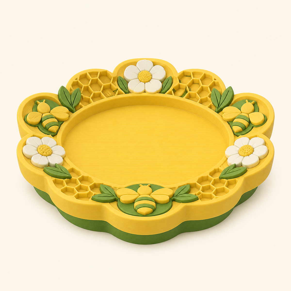 bee delight-jewellery dish flower rim in 3D-printed PETG in sun yellow, leaf green, warm white