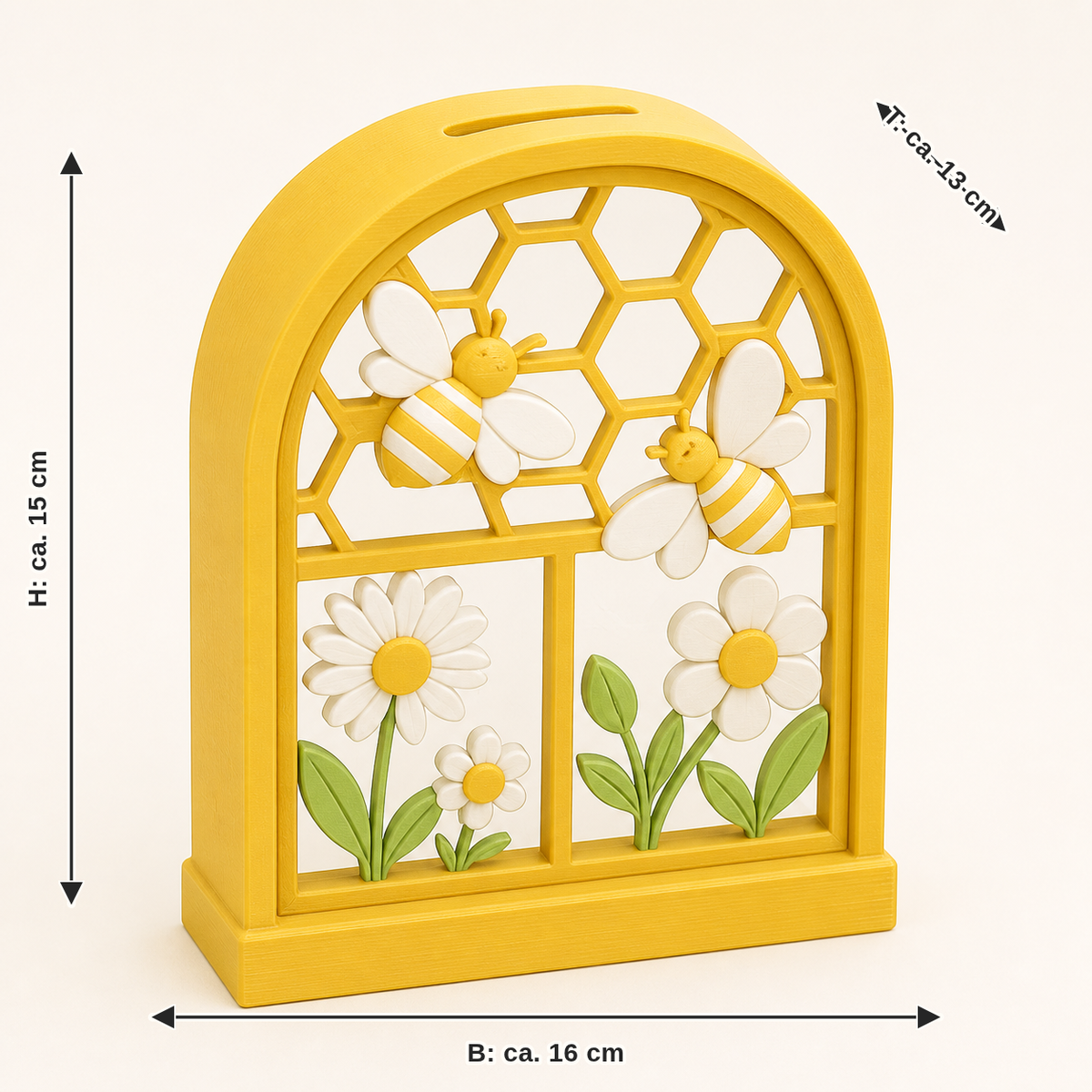 Dimensional image for bee delight-money box flower window: width approx. 16 cm, depth approx. 13 cm, height approx. 15 cm
