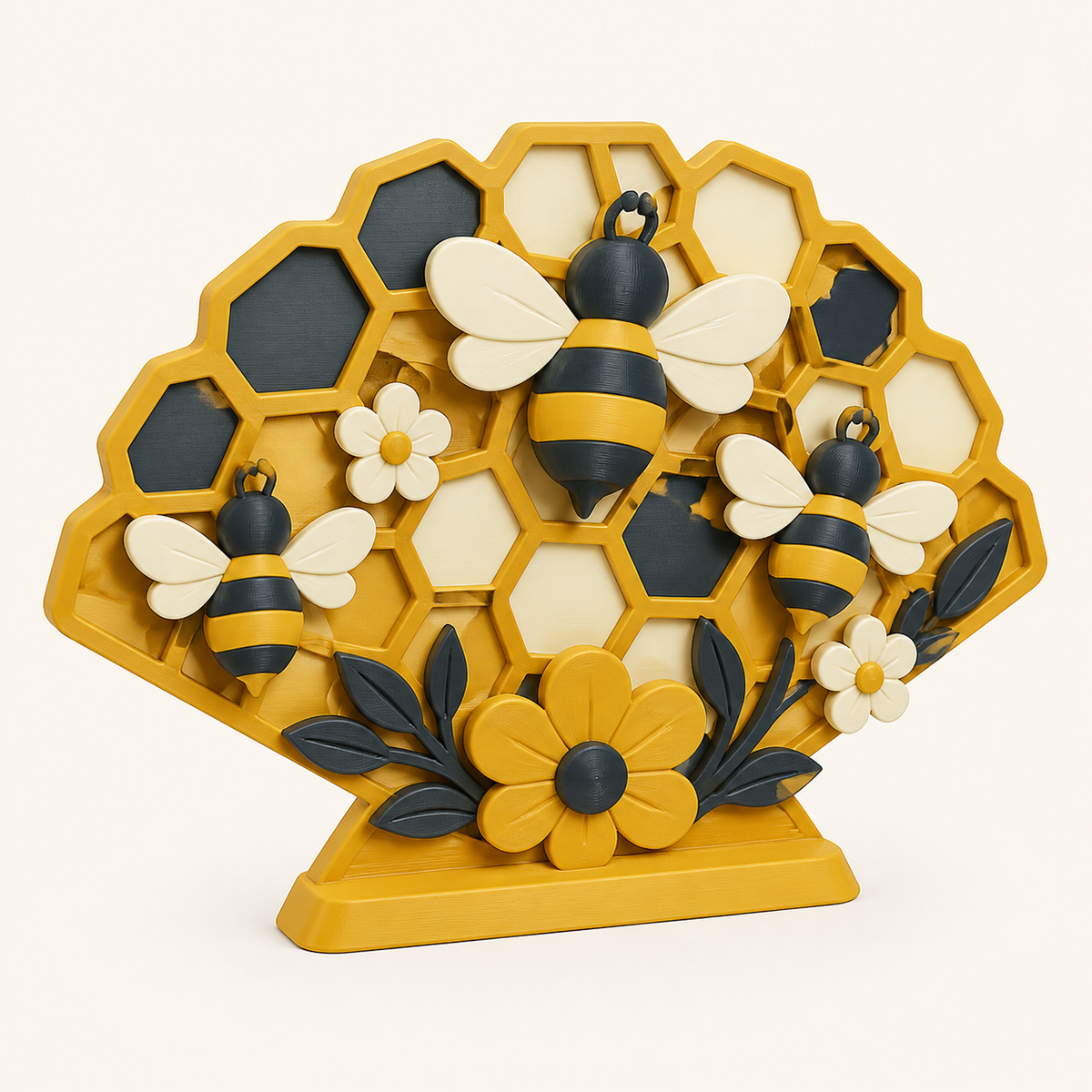bee delight table tops made of 3D printed PETG in honey yellow, anthracite, cream