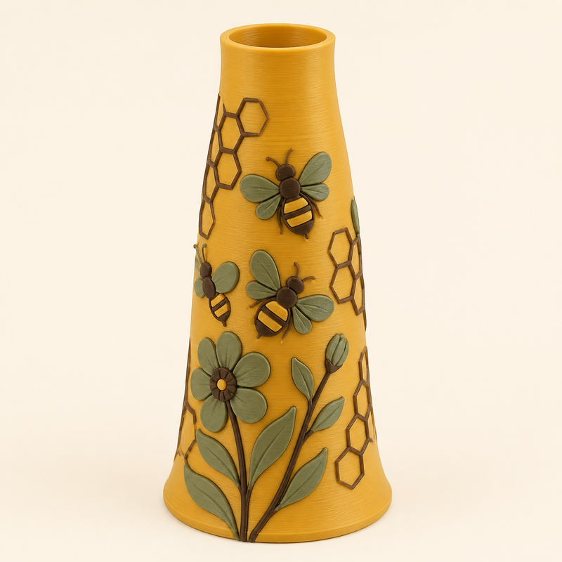bee delight-dried flowers-Vase 3D-printed PETG beehive in Ocker yellow, Dark brown, sage green