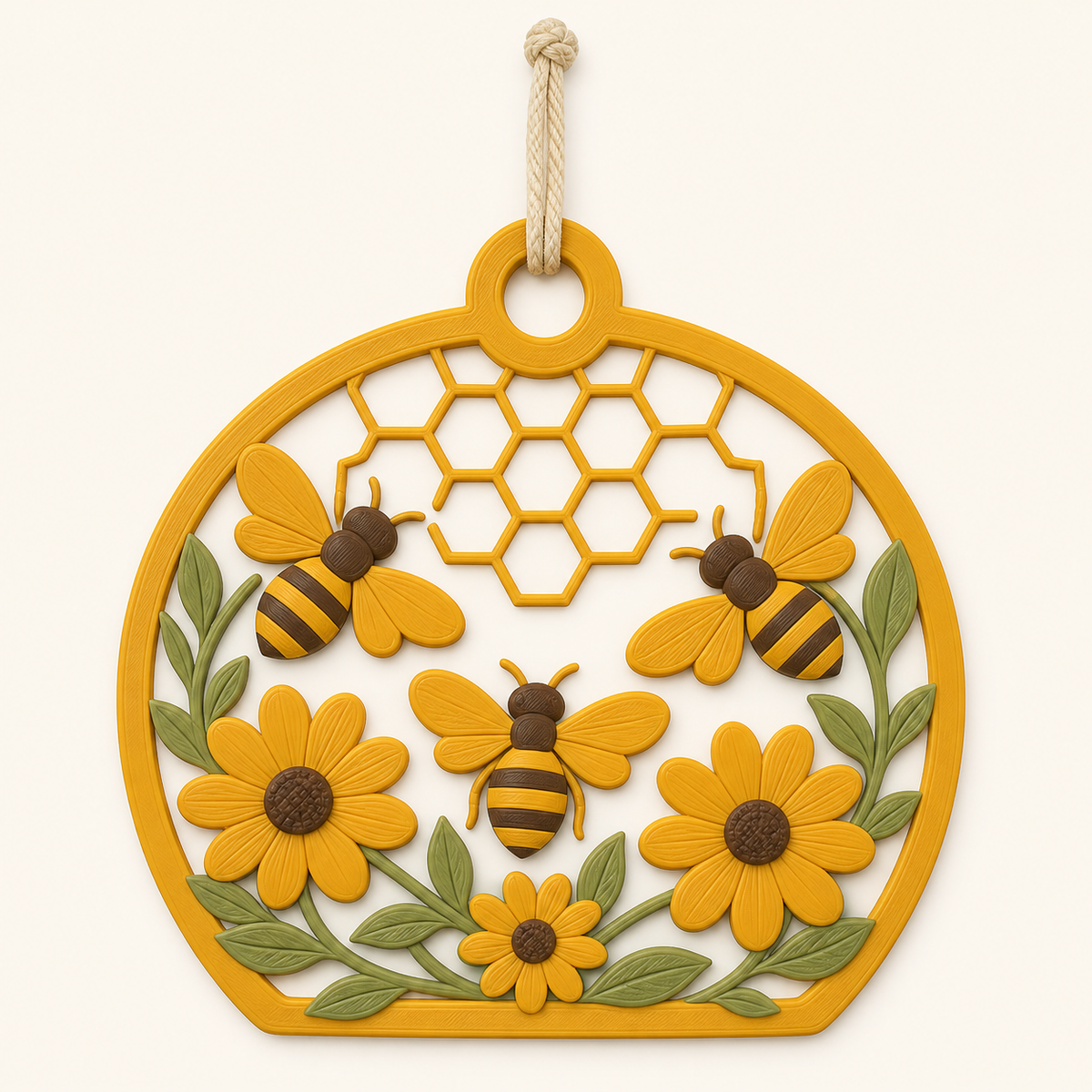 bee delight-door pendant flower bow in 3D printed PETG in ocker yellow, dark brown, sage green