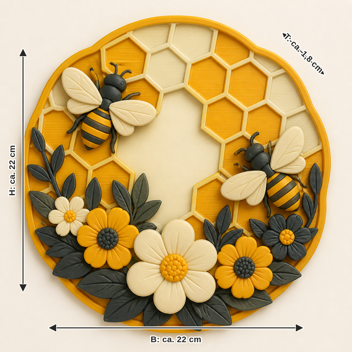 Measurement for bee delight-wall relief honeycomb wreath: width approx. 22 cm, depth approx. 1.8 cm, height approx. 22 cm