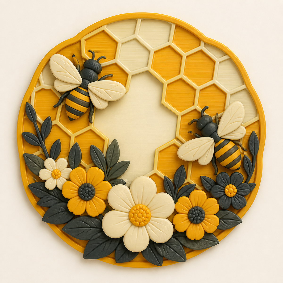 bee delight-wall relief honeycomb wreath made of 3D printed PETG in honey yellow, anthracite, cream