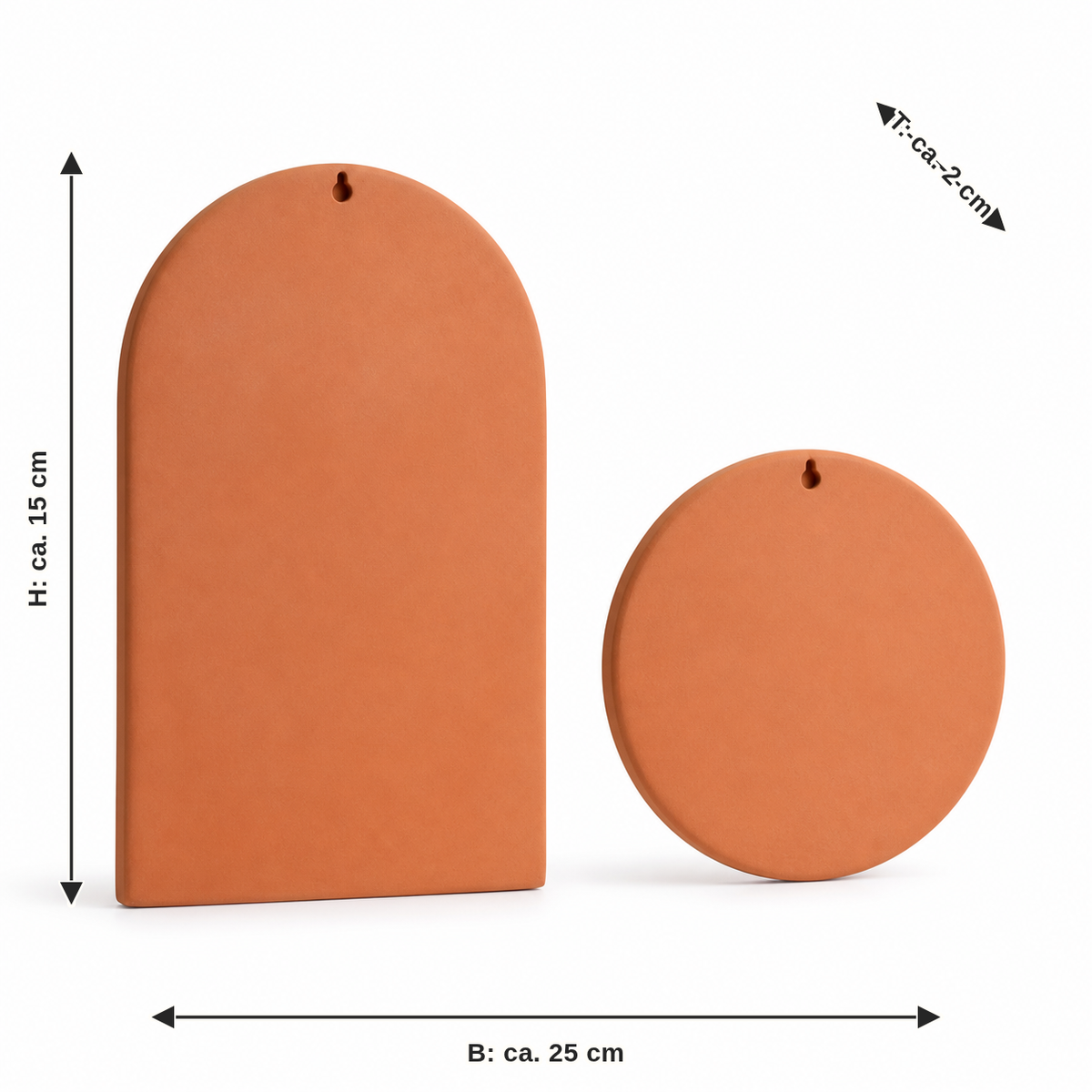 Maßbild für Blanko-Schilderset aus Bogen und Kreis in Terrakotta: Breite ca. 25 cm, Tiefe ca. 2 cm, Höhe ca. 15 cm