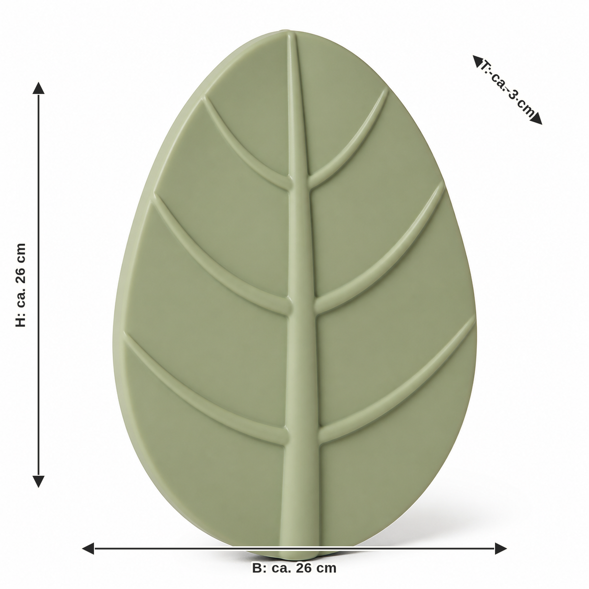 Dimensional image for leaf-wall ornament in sage green: width approx. 26 cm, depth approx. 3 cm, height approx. 26 cm