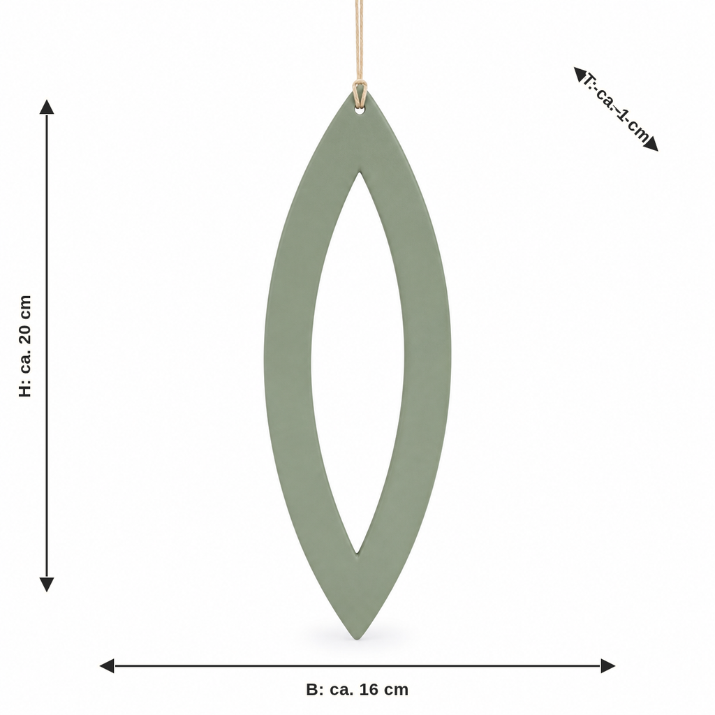 Maßbild für Blattanhänger mit Ausschnitt in Salbeigrün: Breite ca. 16 cm, Tiefe ca. 1 cm, Höhe ca. 20 cm