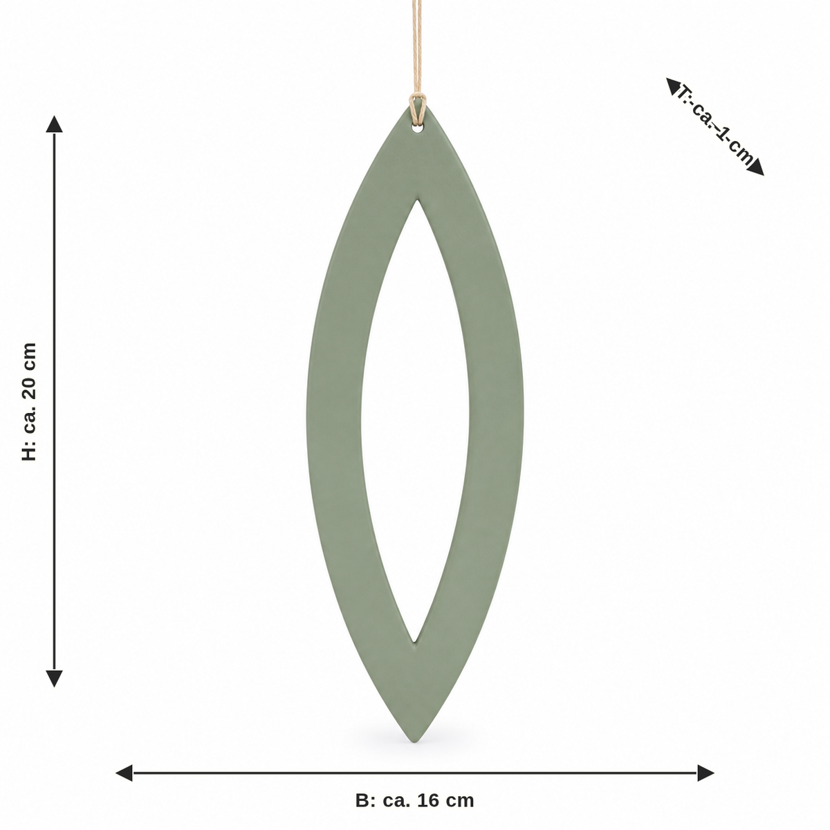 Maßbild für Blattanhänger mit Ausschnitt in Salbeigrün: Breite ca. 16 cm, Tiefe ca. 1 cm, Höhe ca. 20 cm