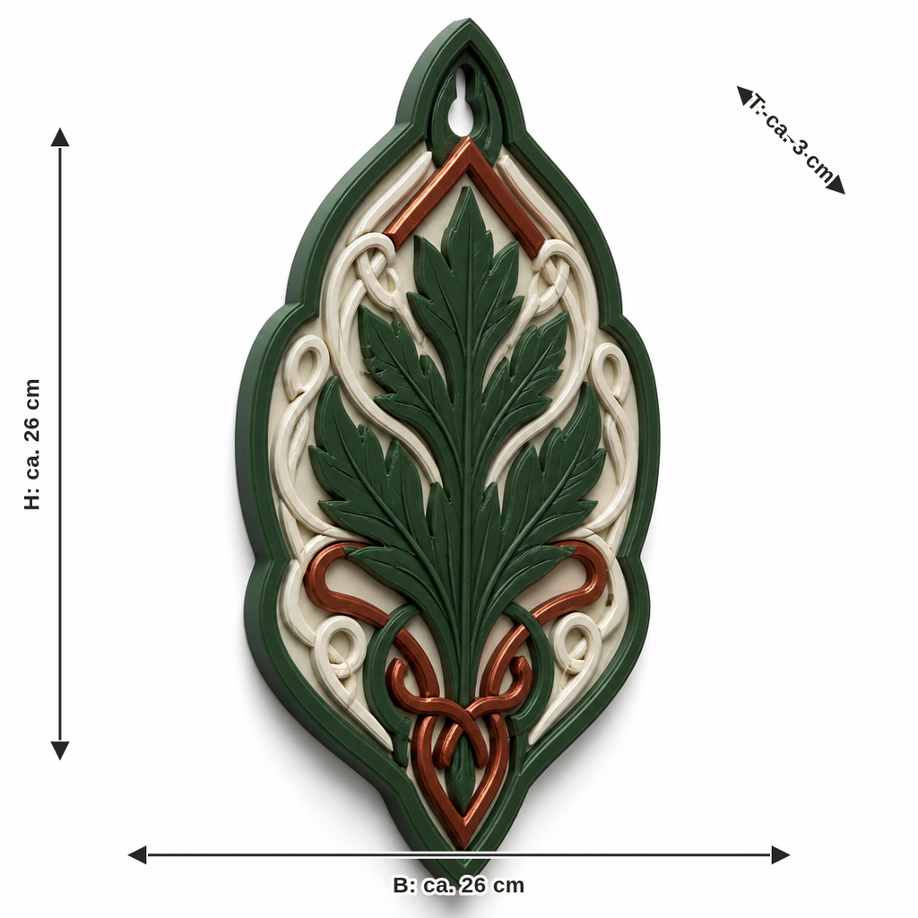 Dimensional image for leaf-shaped wall ornament with tree of life: width approx. 26 cm, depth approx. 3 cm, height approx. 26 cm