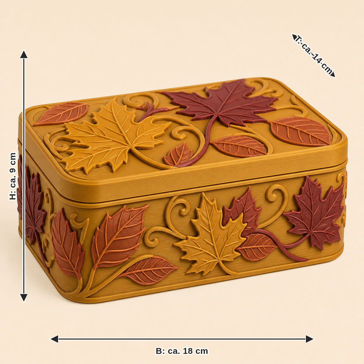 Maßbild für Blattgold-Aufbewahrungsbox Blattband: Breite ca. 18 cm, Tiefe ca. 14 cm, Höhe ca. 9 cm