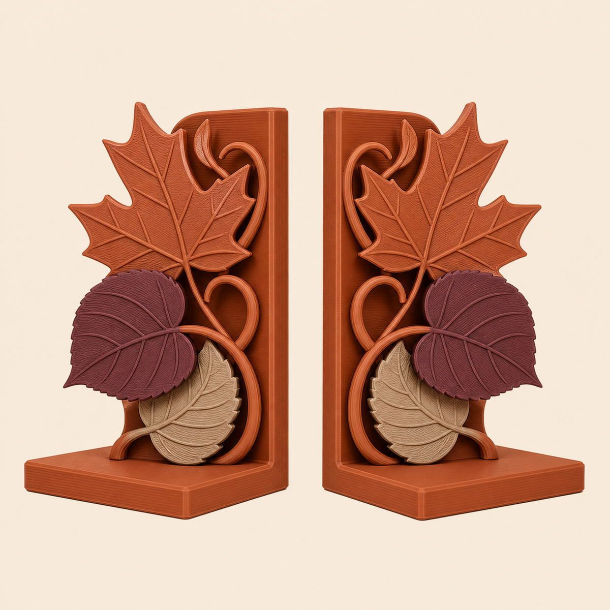 Blattgold-Buchstützen-Paar Doppelblatt aus 3D-gedrucktem PETG in Terrakotta, Pflaume, Sandbeige
