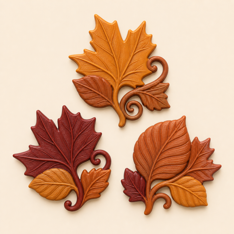 Blattgold-Magnet-Set Blatt-Trio aus 3D-gedrucktem PETG in Ockergelb, Bordeaux, Kupfer