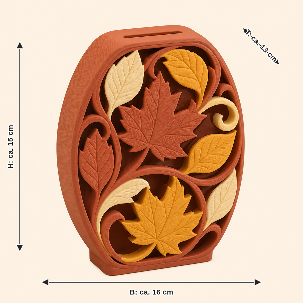 Maßbild für Blattgold-Sparbüchse Laubfenster: Breite ca. 16 cm, Tiefe ca. 13 cm, Höhe ca. 15 cm