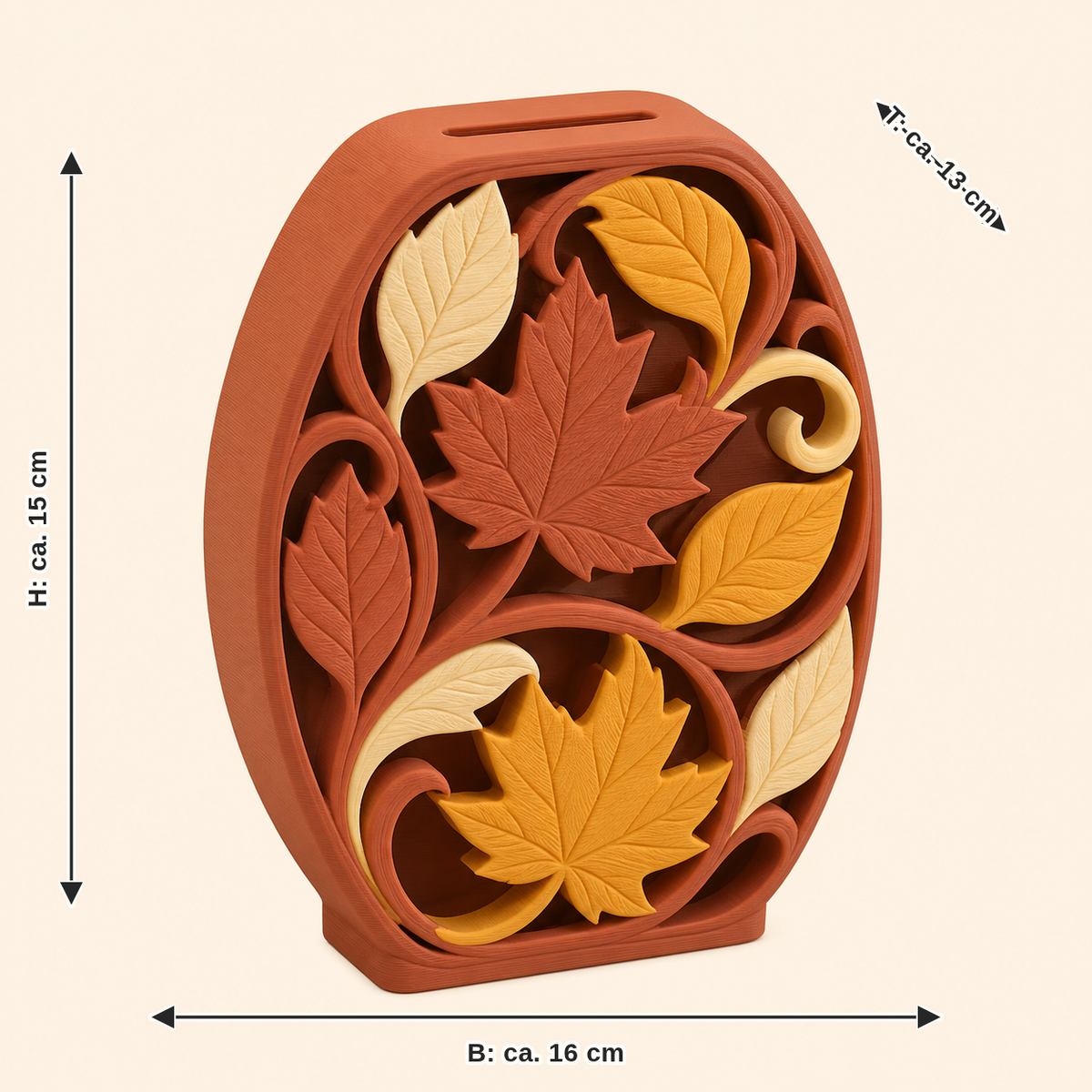 Maßbild für Blattgold-Sparbüchse Laubfenster: Breite ca. 16 cm, Tiefe ca. 13 cm, Höhe ca. 15 cm