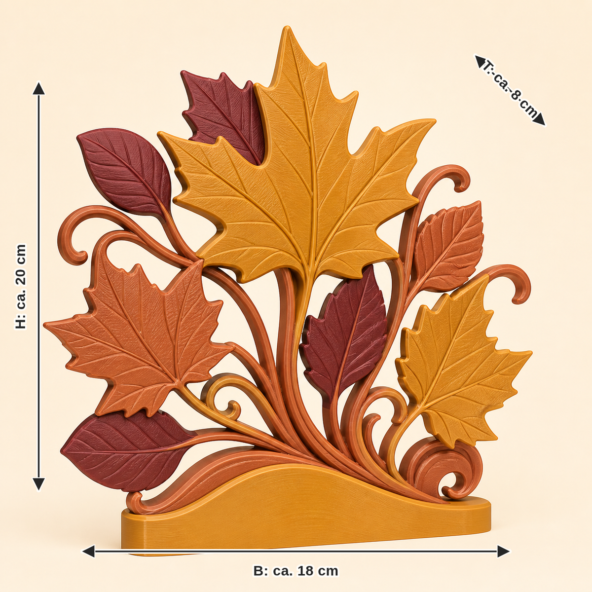 Maßbild für Blattgold-Tischaufsteller Herbstfächer: Breite ca. 18 cm, Tiefe ca. 8 cm, Höhe ca. 20 cm