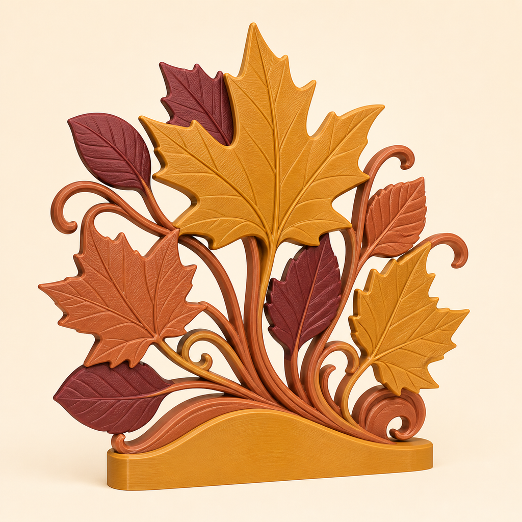 Blattgold-Tischaufsteller Herbstfächer aus 3D-gedrucktem PETG in Ockergelb, Bordeaux, Kupfer