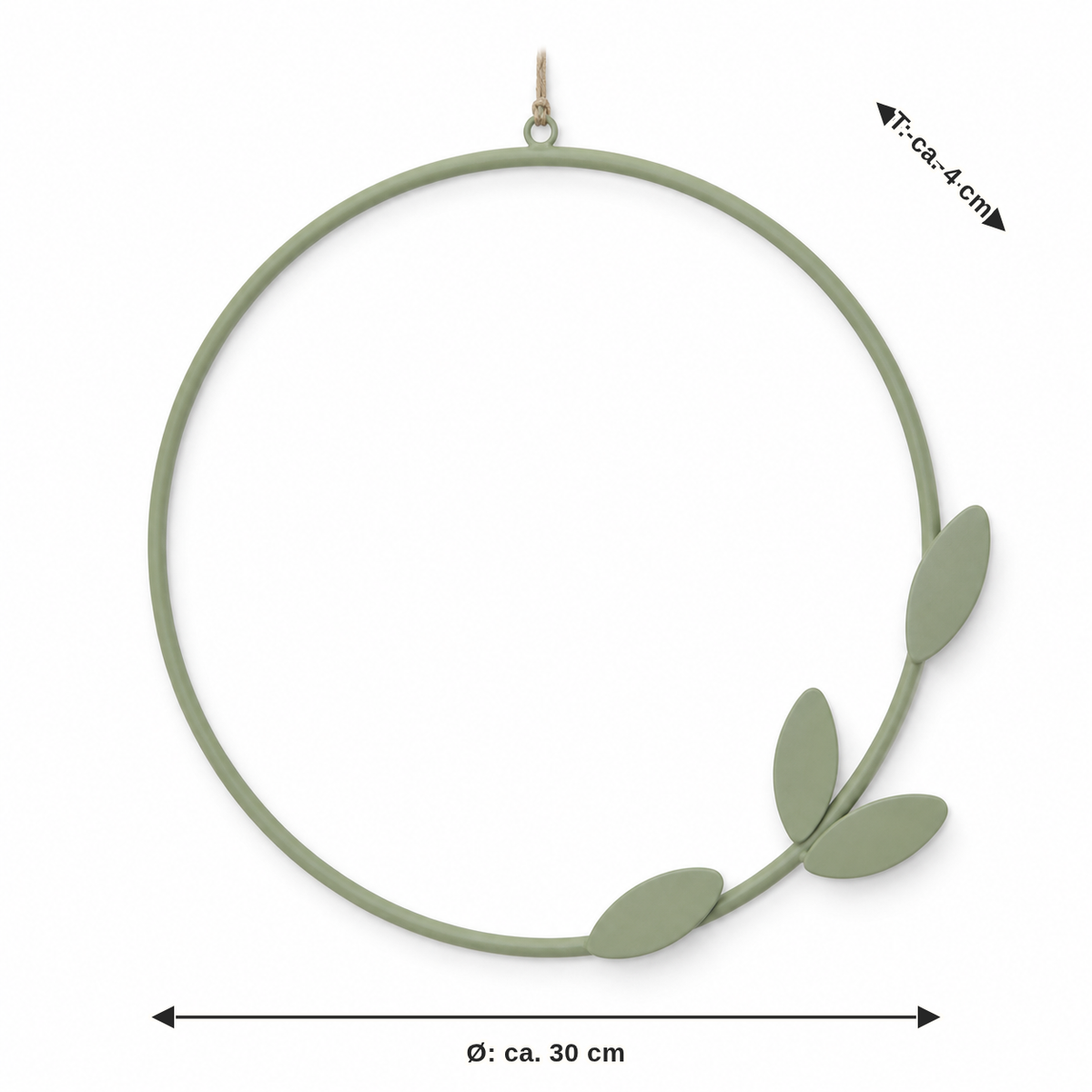 Maßbild für Blattkranz in Salbeigrün: Durchmesser ca. 30 cm, Tiefe ca. 4 cm
