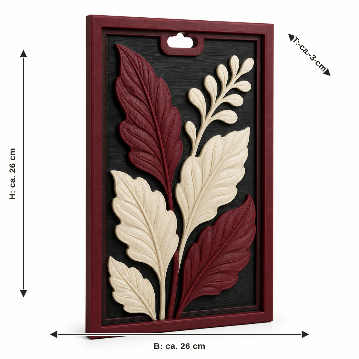 Dimensional image for leaf relief Bordeaux branch: width approx. 26 cm, depth approx. 3 cm, height approx. 26 cm