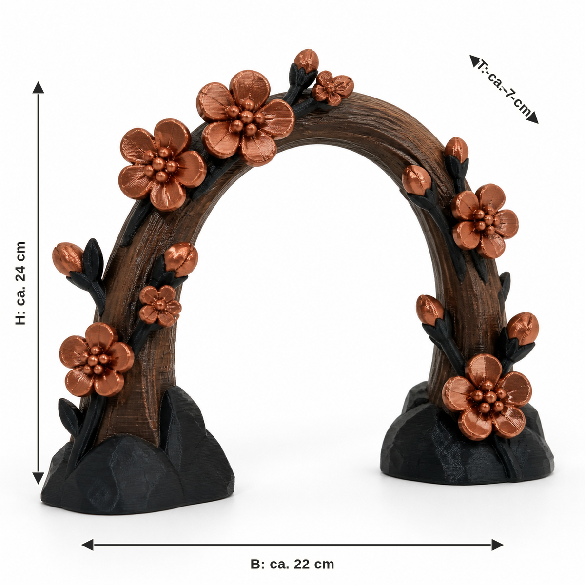 Maßbild für Blütenbogen Kupferhain: Breite ca. 22 cm, Tiefe ca. 7 cm, Höhe ca. 24 cm