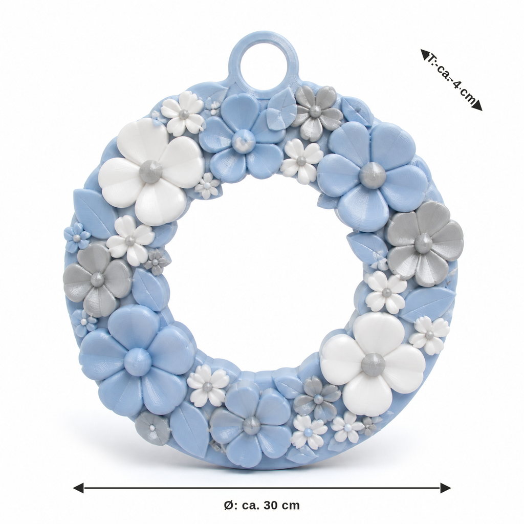 Dimensional image for flower wreath in sky blue and white: diameter approx. 30 cm, depth approx. 4 cm