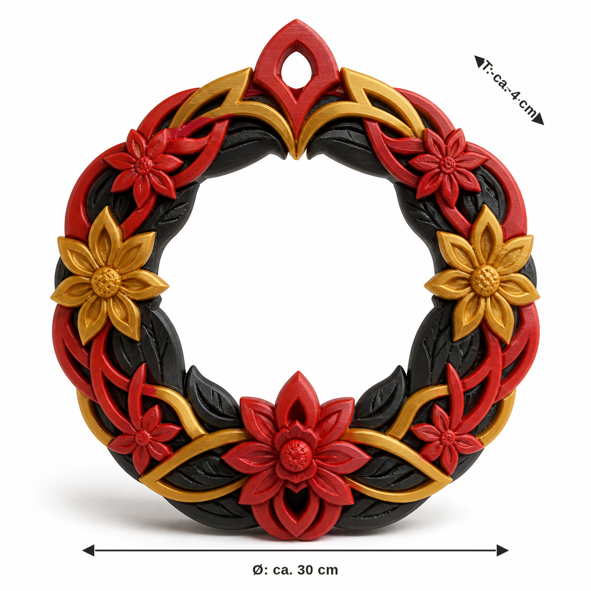 Maßbild für Blütenkranz in Rot, Schwarz und Gold: Durchmesser ca. 30 cm, Tiefe ca. 4 cm