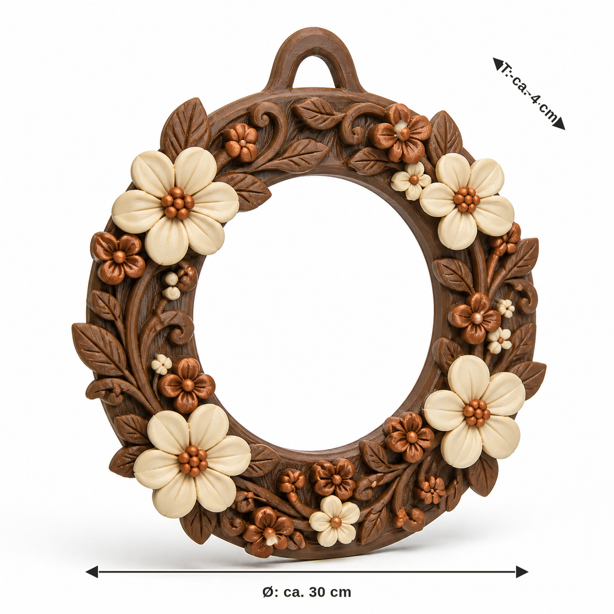 Maßbild für Blütenkranz mit rustikalem Relief: Durchmesser ca. 30 cm, Tiefe ca. 4 cm
