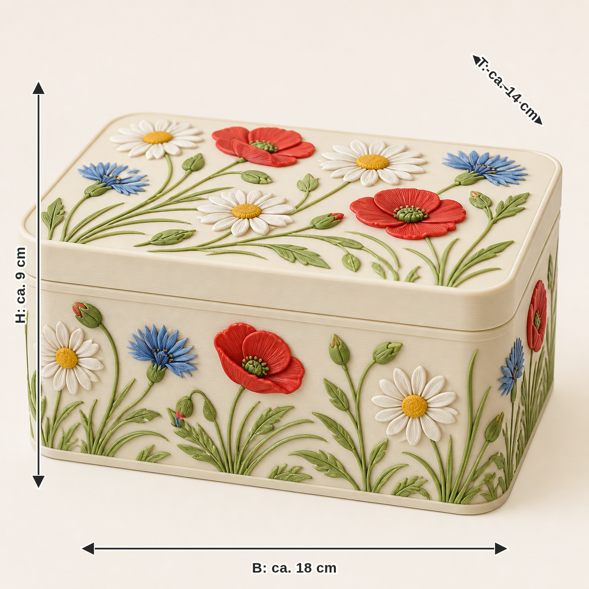 Dimensional image for flower meadow-storage box meadow box: width about 18 cm, depth about 14 cm, height about 9 cm