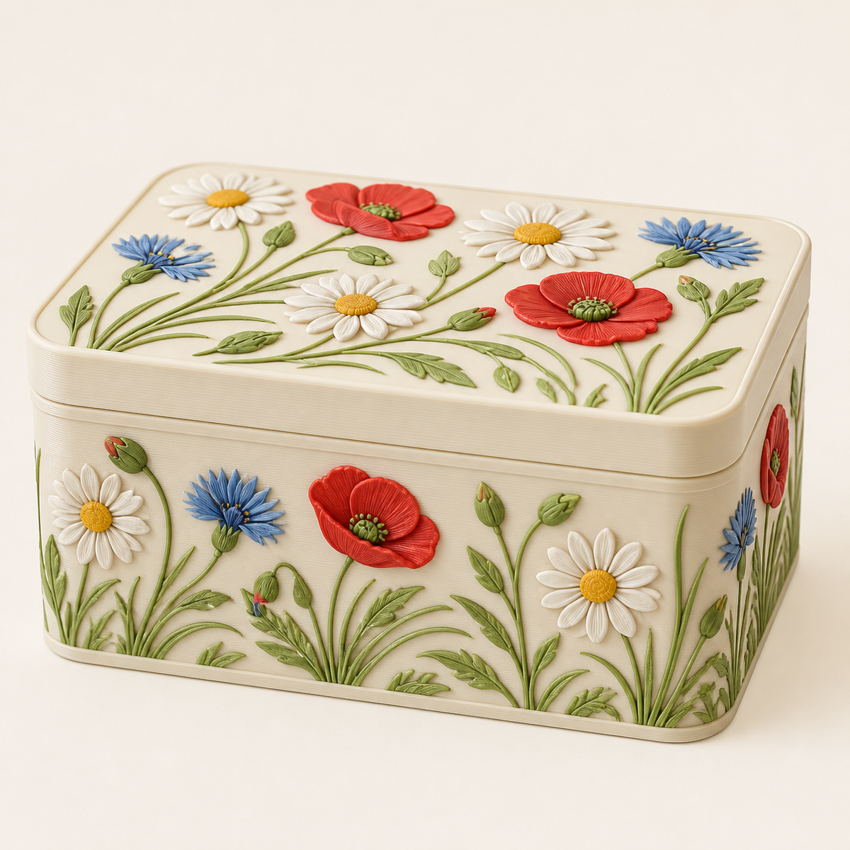 flower meadow-storage box in 3D printed PETG in white, poppy red, leaf green