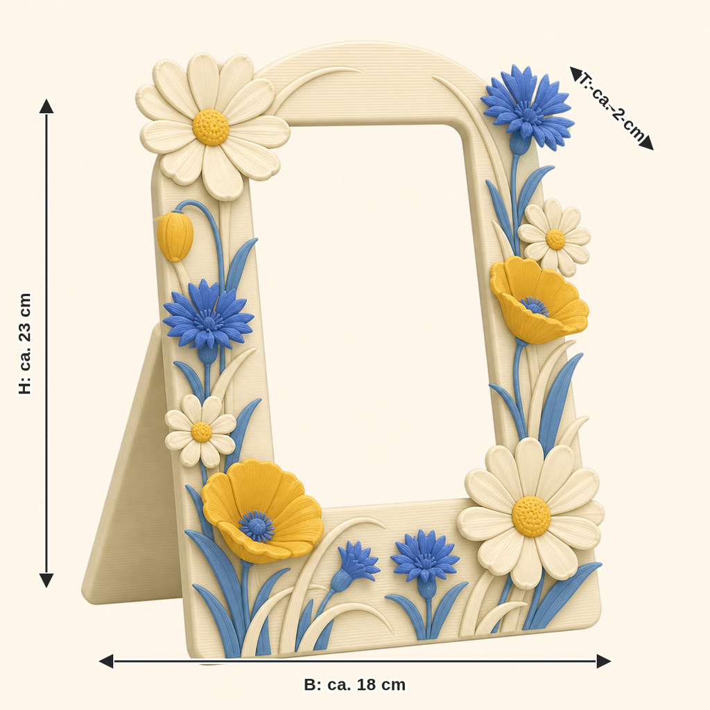 Dimensional image for flower meadow-photo frame flower portal: width approx. 18 cm, depth approx. 2 cm, height approx. 23 cm