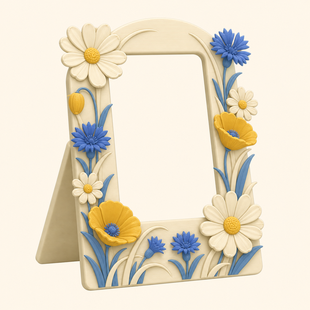 flower meadow-photo frame flower portal from 3D-printed PETG in grain flower blue, sun yellow, cream