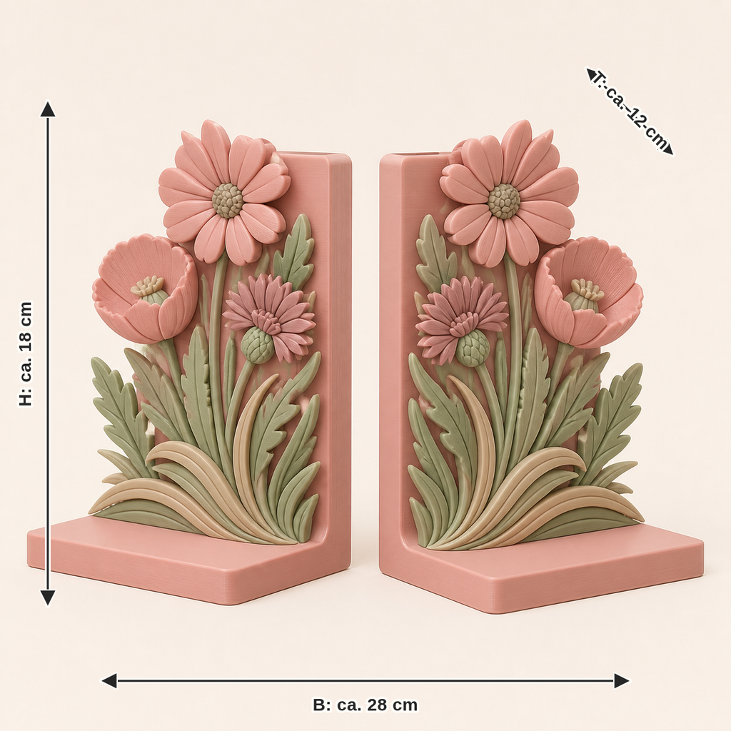 Dimensional image for flower meadow-bookends-pair Double flower: width approx. 28 cm, depth approx. 12 cm, height approx. 18 cm