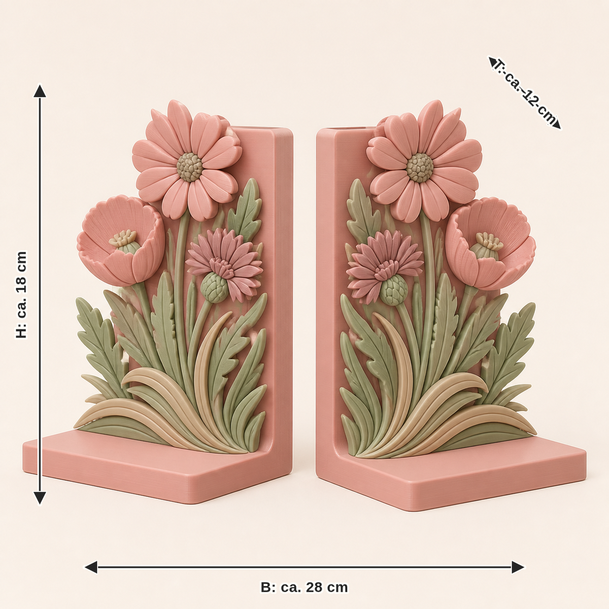 Dimensional image for flower meadow-bookends-pair Double flower: width approx. 28 cm, depth approx. 12 cm, height approx. 18 cm