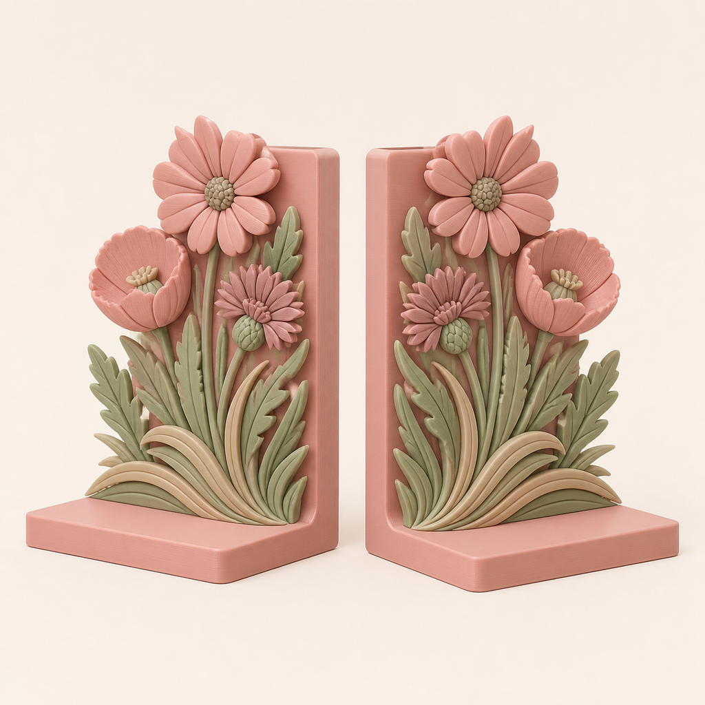 flower meadow-bookends-pair double flower in 3D-printed PETG in rose, sage green, sand beige