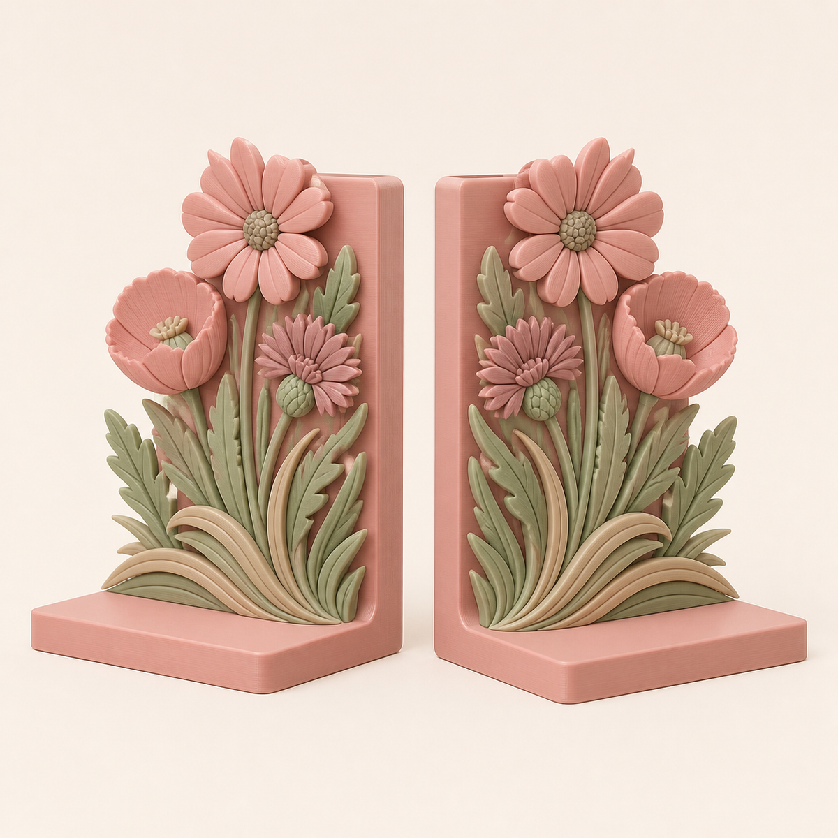 flower meadow-bookends-pair double flower in 3D-printed PETG in rose, sage green, sand beige