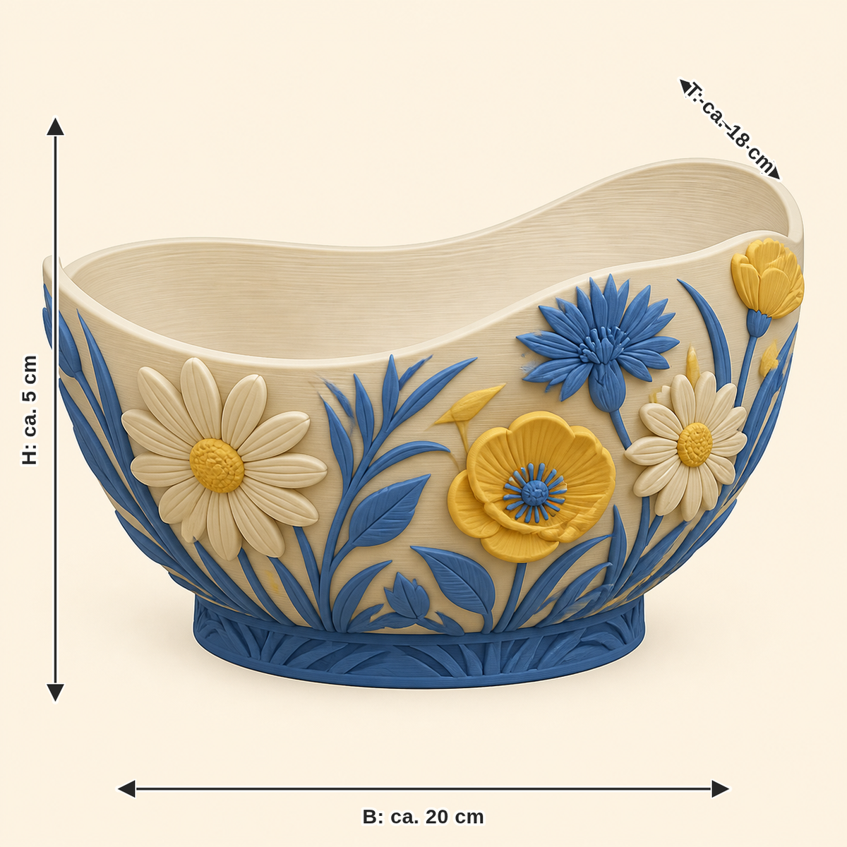Dimensional picture for flower meadow-decorative bowl meadow trough: width approx. 20 cm, depth approx. 18 cm, height approx. 5 cm
