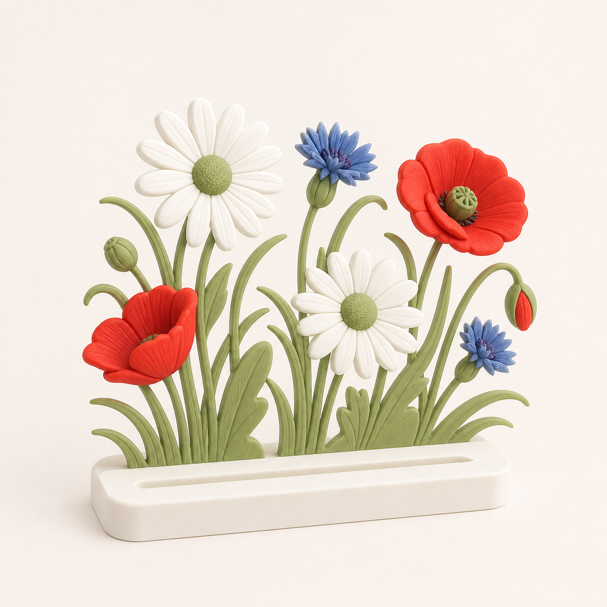 flower meadow photo holder in 3D printed PETG in white, poppy red, leaf green