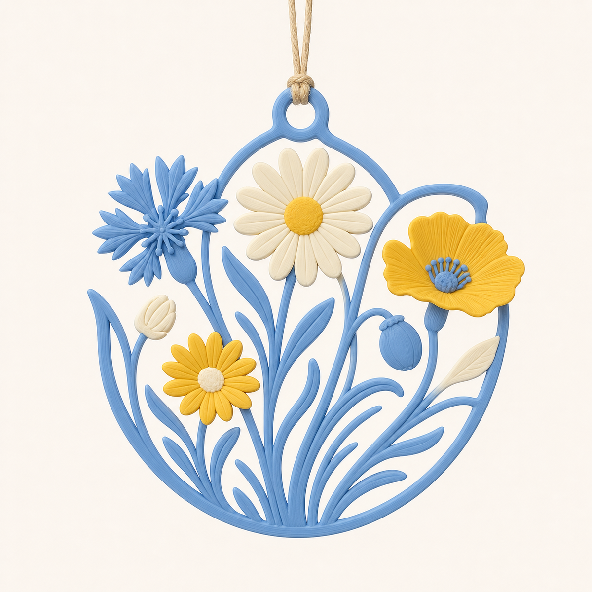 flower meadow-hanging decoration grass branch from 3D-printed PETG in grain flower blue, sun yellow, cream