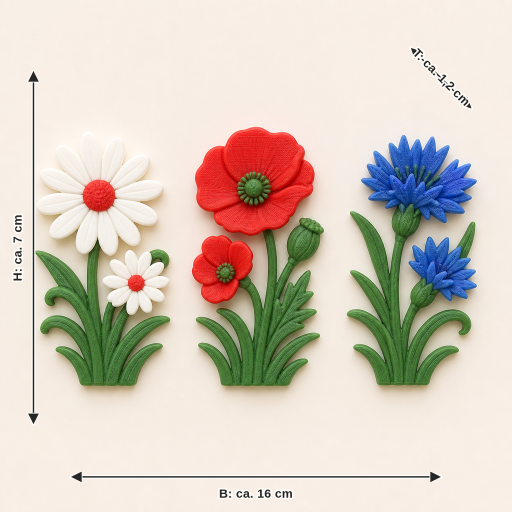 Dimensional image for flower meadow magnet set flower trio: width approx. 16 cm, depth approx. 1.2 cm, height approx. 7 cm